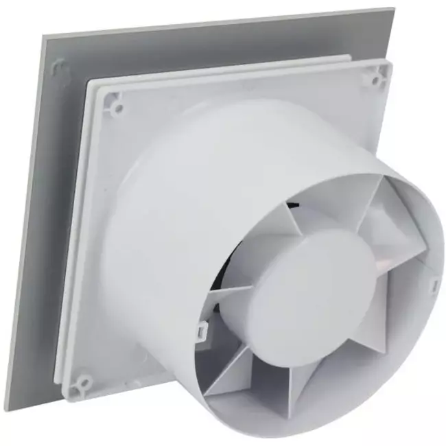 Badrumsfläkt Ø 100 mm med timer och fuktsensor – front av glas i satinsilver