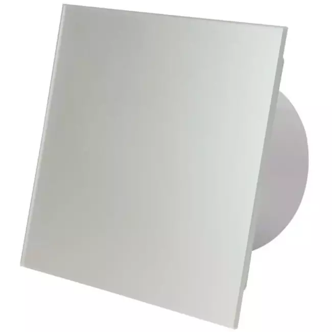 Badrumsfläkt Ø 100 mm med timer och fuktsensor – front av glas i satinsilver