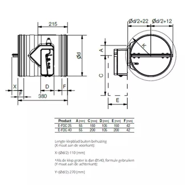 Brandspjäll cirkulärt 560 mm ändanslutning - E-FDC40 D560RS