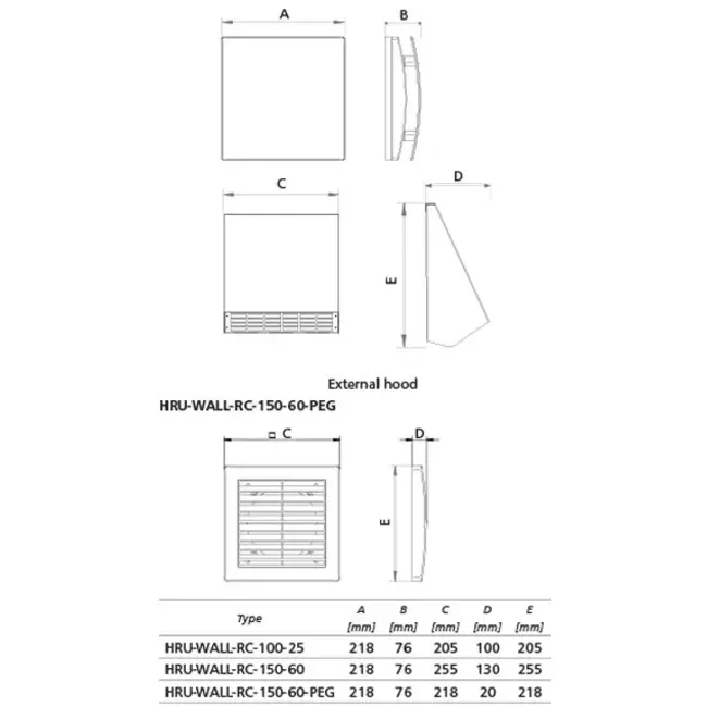 Decentraliserad WTW HRU vägg Ø150 med fjärrkontroll - 60 m³/h - HRU-WALL-RC-150-60-PEG
