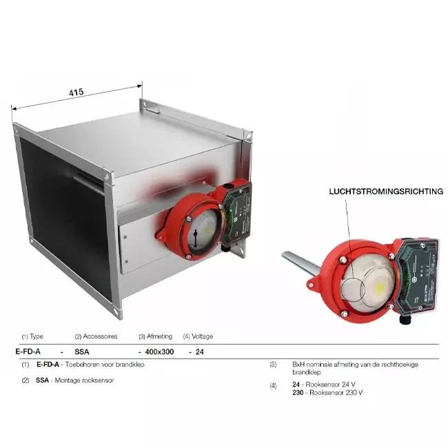 Röksensor 24V för rektangulärt brandspjäll - E-FD A SSA 700x600 24