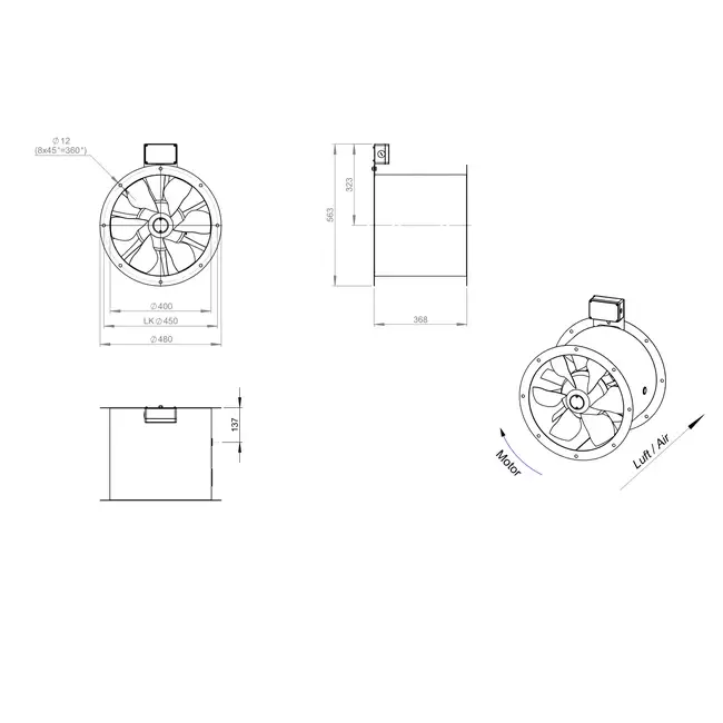 Axial 400 mm rökgasfläkt med kanal F300- AL 400 D4 F3 01 CFG