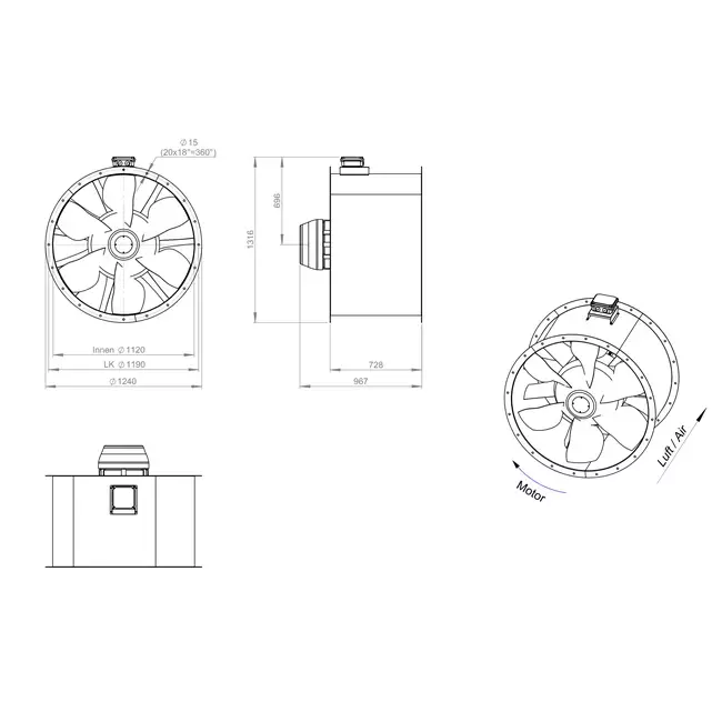Axial 1120 mm rökgasfläkt med kanal F300- AL 1120 D6 F3 03 CFG