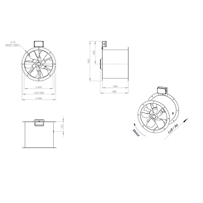 Axial 400 mm rökgasfläkt med kanal F300- AL 400 D2 F3 01 CFG