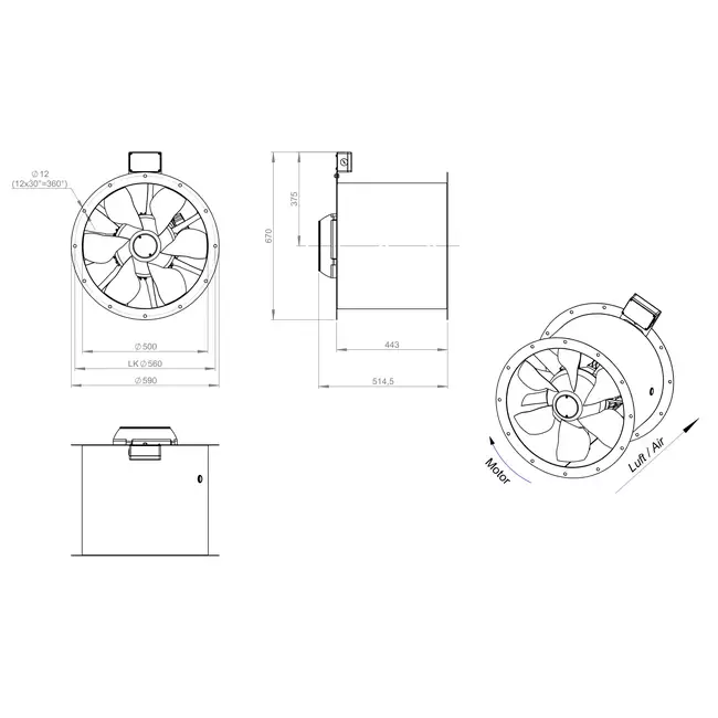 Axial 500 mm rökgasfläkt med kanal F300- AL 500 D2 F3 01 CFG