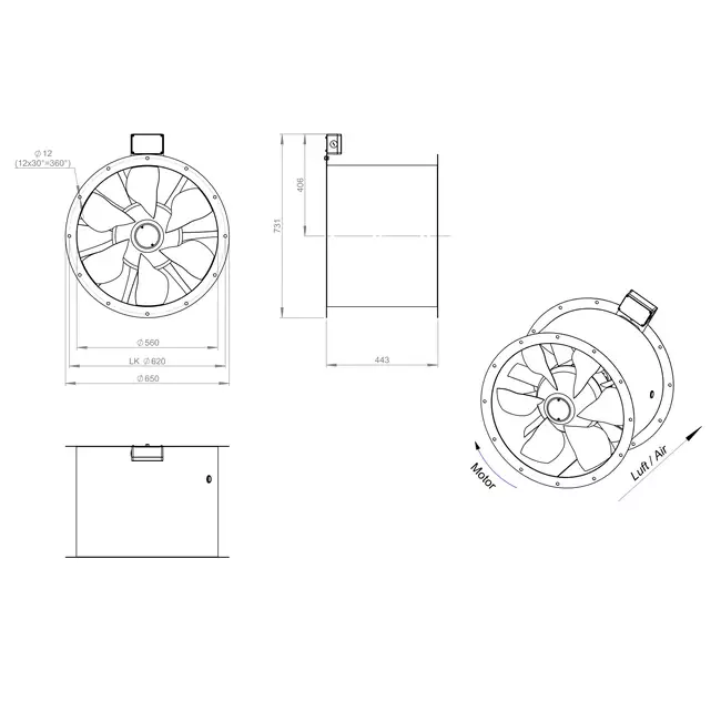 Axial 560 mm rökgasfläkt med kanal F300- AL 560 D4 F3 01 CFG