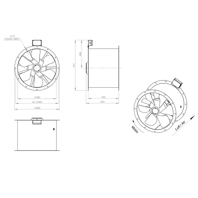 Axial 560 mm rökgasfläkt med kanal F300- AL 560 D4 F3 02 CFG