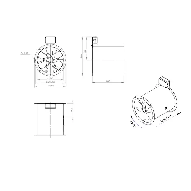 Axial 315 mm rökgasfläkt med kanal F400 - AL 315 D42U F4 01 CFG