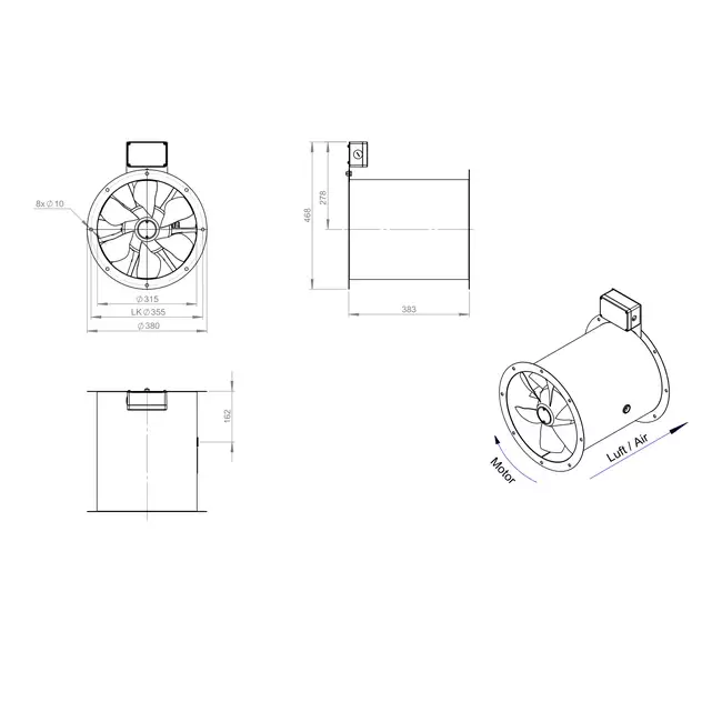 Axial 315 mm rökgasfläkt med kanal F400 - AL 315 D42U F4 02 CFG