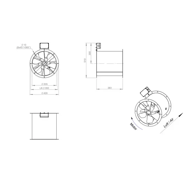Axial 355 mm rökgasfläkt med kanal F300- AL 355 D2 F3 02 CFG
