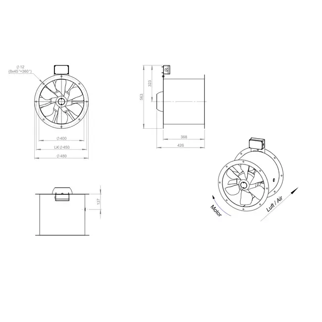 Axial 400 mm rökgasfläkt med kanal F300- AL 400 D42U F3 01 CFG