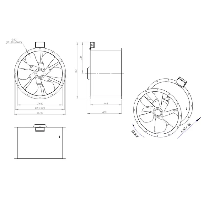 Axial 630 mm rökgasfläkt med kanal F400 - AL 630 D4 F4 03 CFG