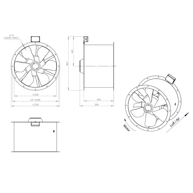 Axial 630 mm rökgasfläkt med kanal F400 - AL 630 D6 F4 02 CFG