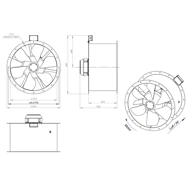 Axial 710 mm rökgasfläkt med kanal F400 - AL 710 D4 F4 03 CFG