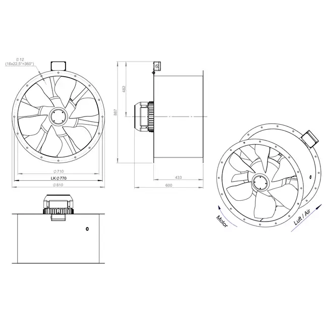 Axial 710 mm rökgasfläkt med kanal F400 - AL 710 D4 F4 01 CFG