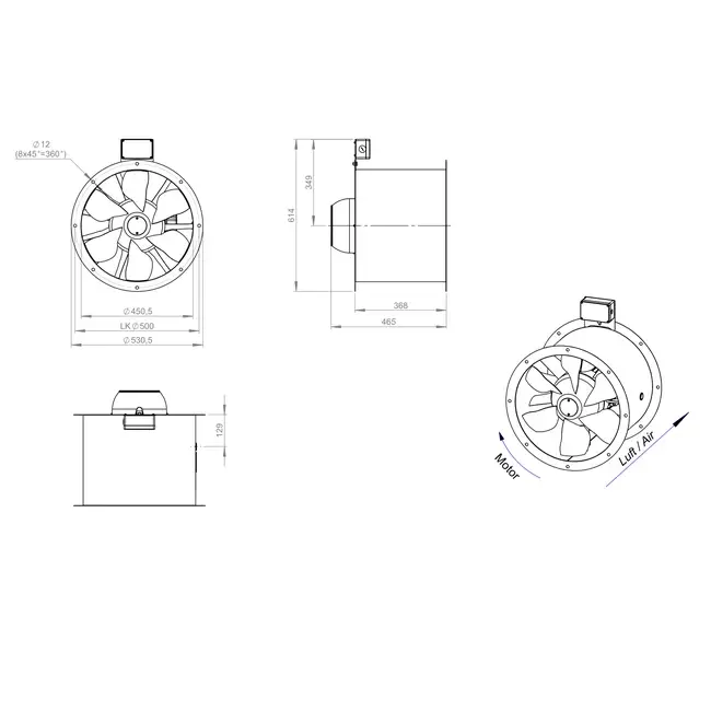 Axial 450 mm rökgasfläkt med kanal F400 - AL 450 D2 F4 01 CFG