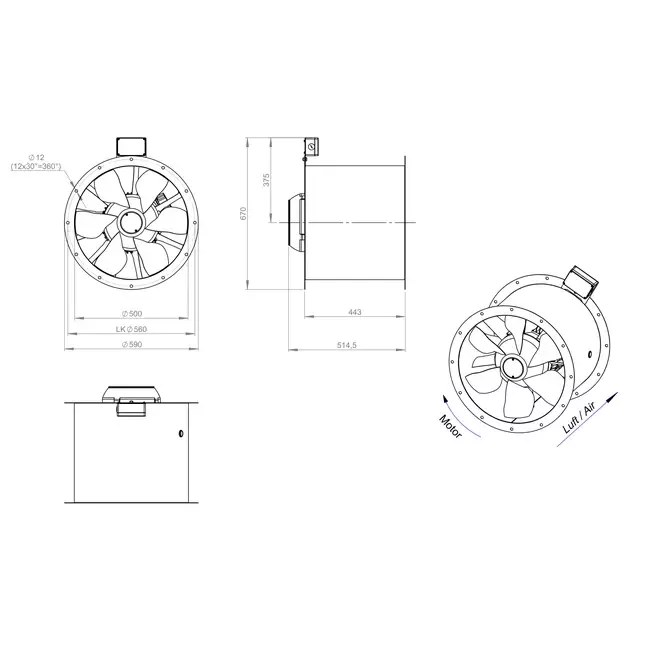 Axial 500 mm rökgasfläkt med kanal F400 - AL 500 D2 F4 01 CFG