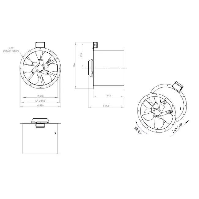 Axial 500 mm rökgasfläkt med kanal F400 - AL 500 D42U F4 01 CFG