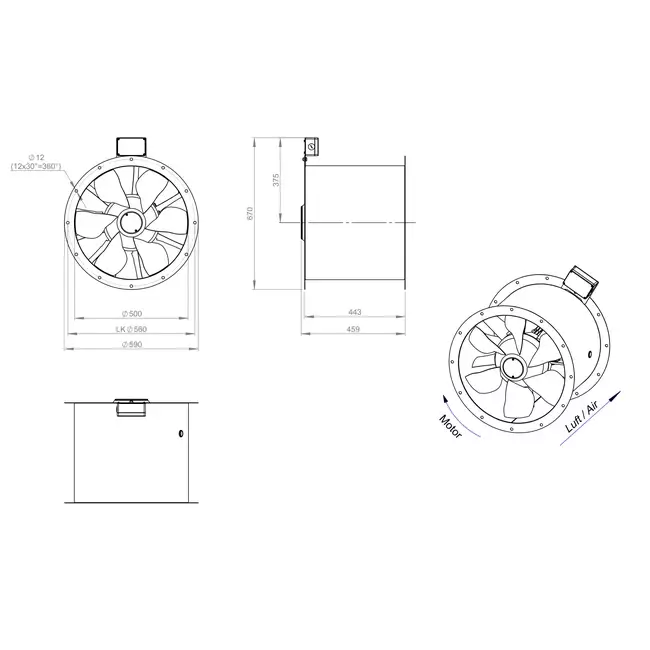 Axial 500 mm rökgasfläkt med kanal F400 - AL 500 D4 F4 03 CFG