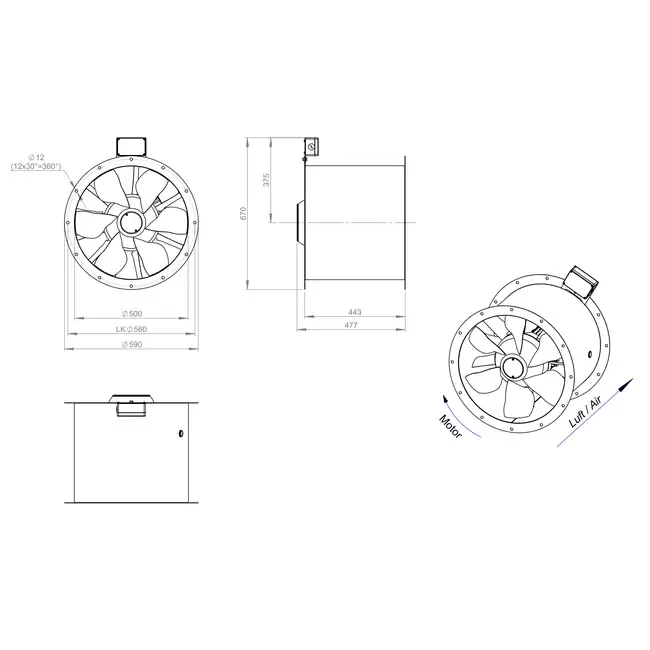 Axial 500 mm rökgasfläkt med kanal F300- AL 500 D2 F3 02 CFG
