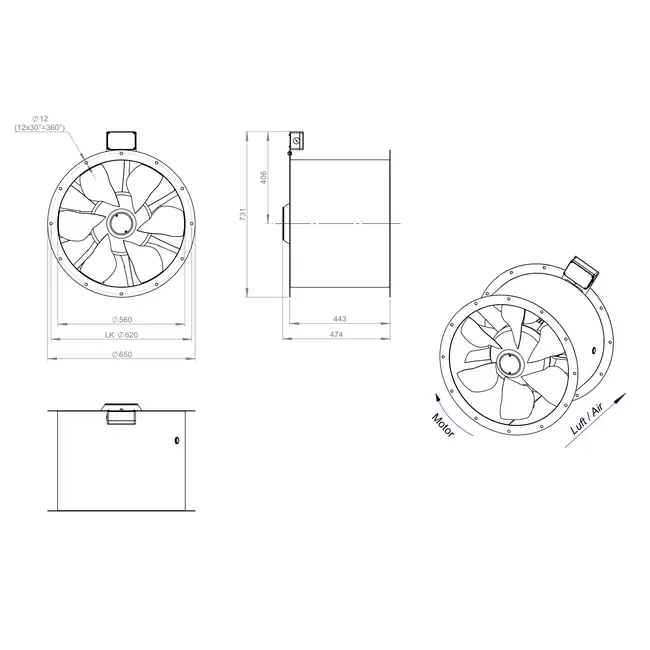 Axial 560 mm rökgasfläkt med kanal F400 - AL 560 D4 F4 02 CFG