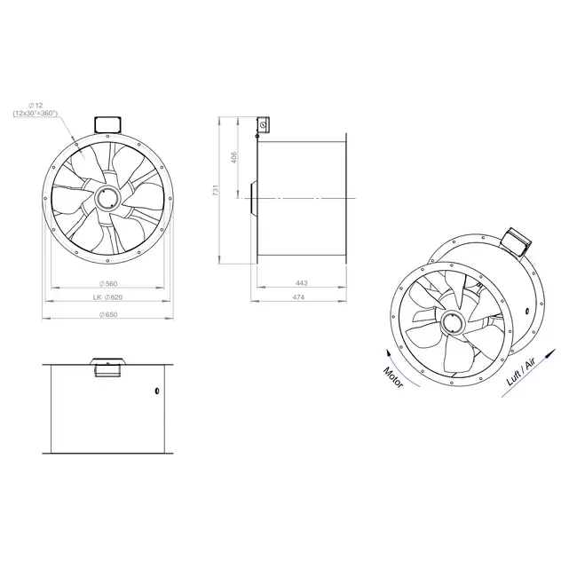 Axial 560 mm rökgasfläkt med kanal F400 - AL 560 D84U F4 01 CFG