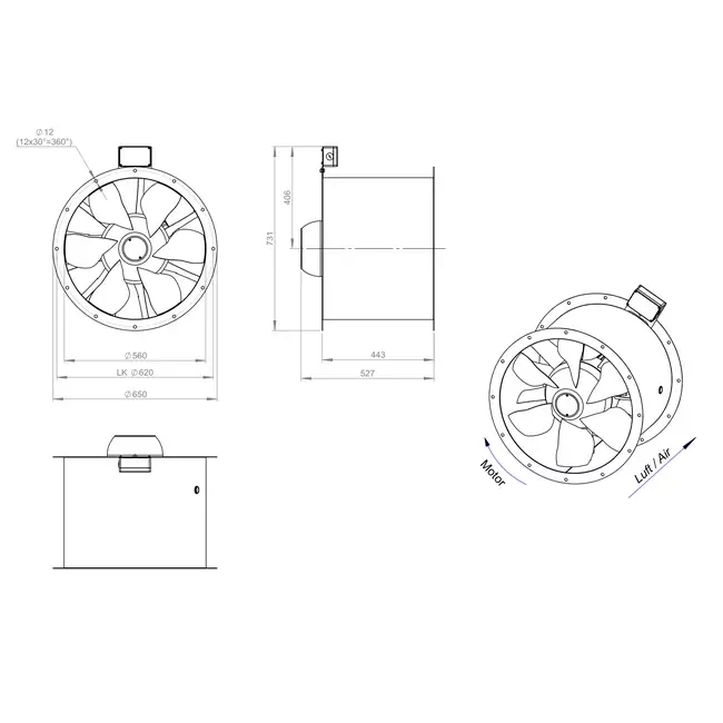 Kanalfläkt axial 560 mm rökgas F400 - AL 560 D84U F4 02 CFG