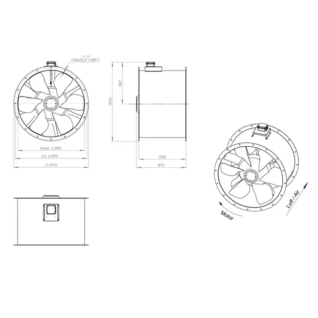 Axial 900 mm rökgasfläkt med kanal F400 - AL 900 D4 F4 02 CFG