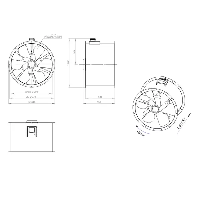 Axial 900 mm rökgasfläkt med kanal F400 - AL 900 D6 F4 02 CFG