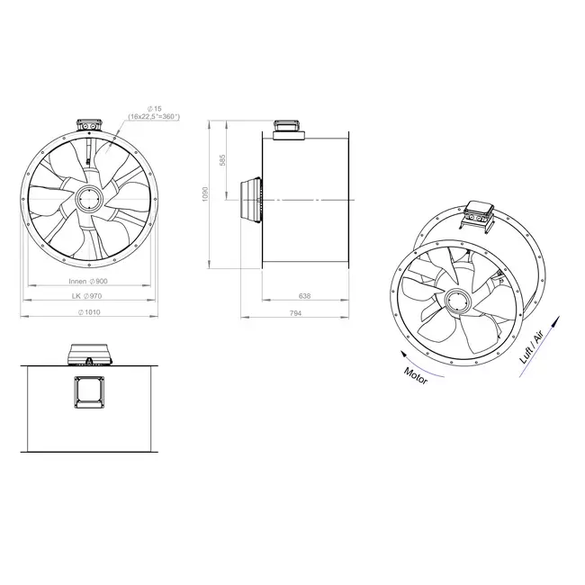 Axial 900 mm rökgasfläkt med kanal F400 - AL 900 D4 F4 04 CFG