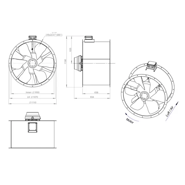 Axial 1000 mm rökgasfläkt med kanal F400 - AL 1000 D4 F4 03 CFG