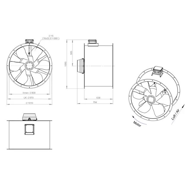Axial 900 mm rökgasfläkt med kanal F300- AL 900 D6 F3 03 CFG
