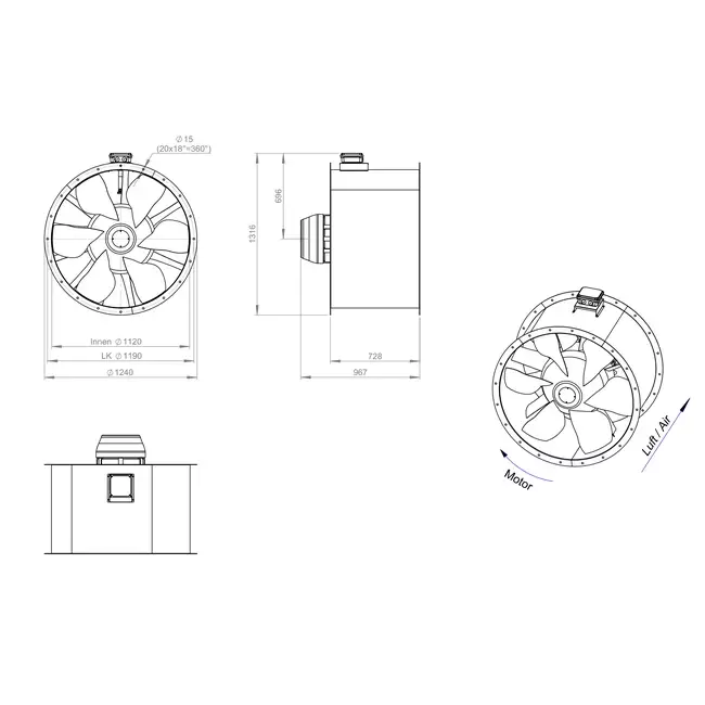 Axial 1120 mm rökgasfläkt med kanal F300- AL 1120 D6 F3 05 CFG