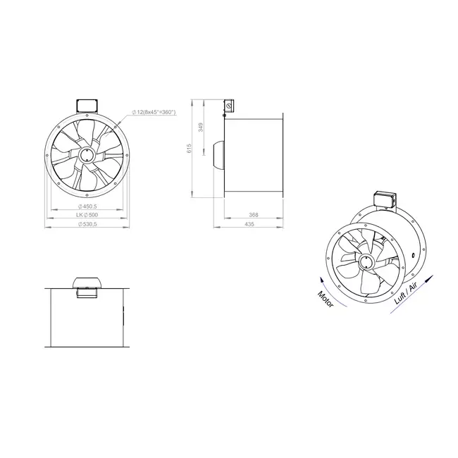 Axial 450 mm rökgasfläkt med kanal F400 - AL 450 D42U F4 02 CFG