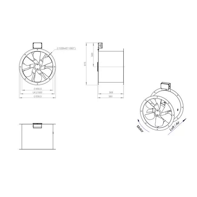 Axial 450 mm rökgasfläkt med kanal F400 - AL 450 D4 F4 02 CFG