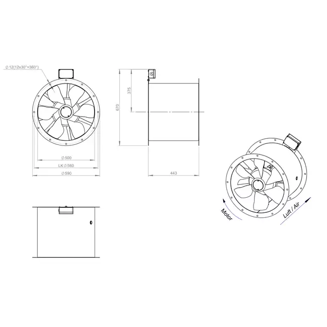 Axial 500 mm rökgasfläkt med kanal F400 - AL 500 D4 F4 01 CFG