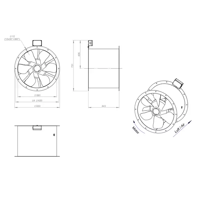 Axial 560 mm rökgasfläkt med kanal F400 - AL 560 D4 F4 01 CFG