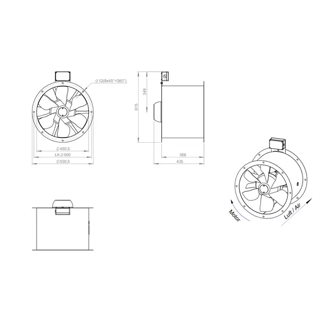 Axial 450 mm rökgasfläkt med kanal F300- AL 450 D42U F3 02 CFG