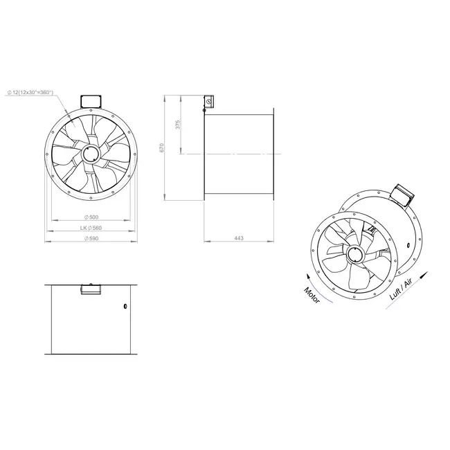 Axial 500 mm rökgasfläkt med kanal F300- AL 500 D4 F3 02 CFG