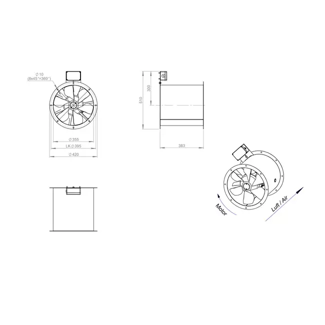 Axial 355 mm rökgasfläkt med kanal F300- AL 355 D42U F3 02 CFG