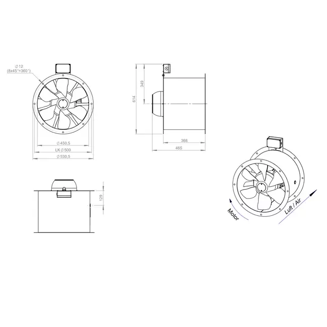 Axial 450 mm rökgasfläkt med kanal F300- AL 450 D42U F3 01 CFG