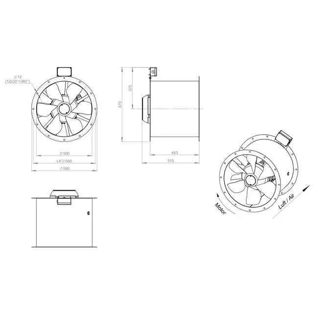 Axial 500 mm rökgasfläkt med kanal F300- AL 500 D42U F3 01 CFG
