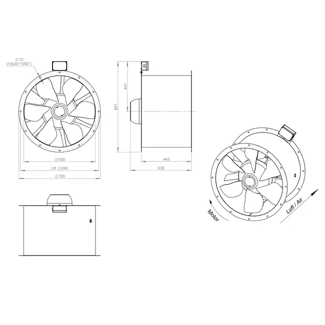 Axial 630 mm kanalfläkt flue F300- AL 630 D84U F3 01 CFG