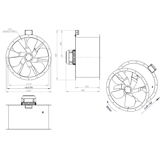 Axial 710 mm rökgasfläkt med kanal F300- AL 710 D6 F3 02 CFG