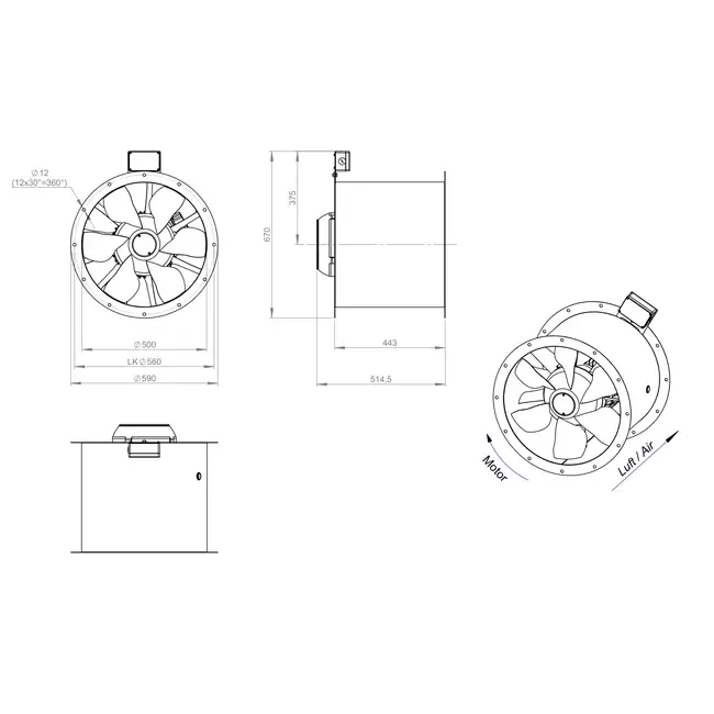 Axial 500 mm rökgasfläkt med kanal F400 - AL 500 D2 F4 03 CFG