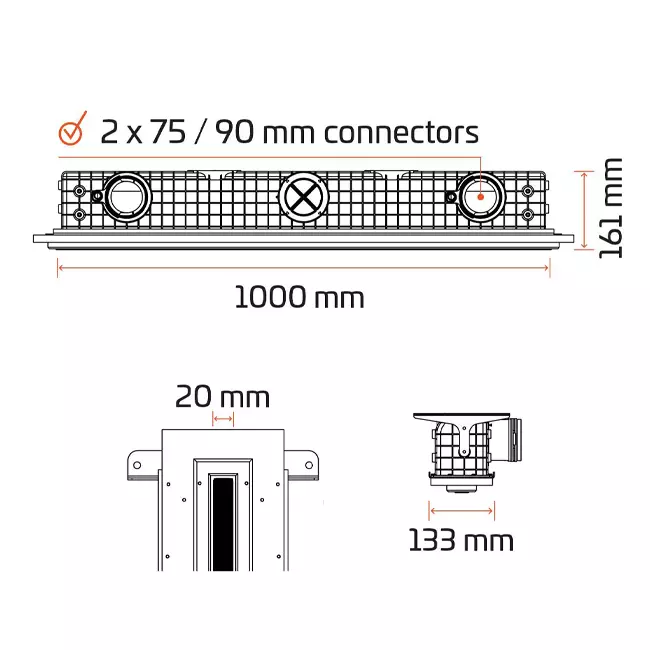 Ergovent putsbar ramlös linjär ventilationsgaller 1000 mm med anslutningsdiameter 75 mm – standard
