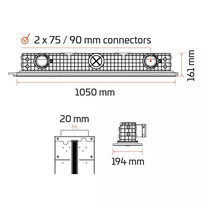 Ergovent ramlös spaltdiffusor 1050 mm med anslutningsdiameter 75 mm - modulär - 1 slits