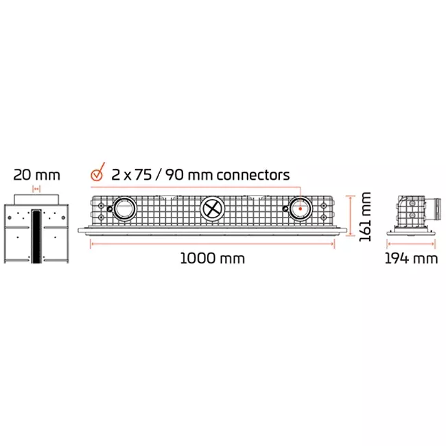 Ergovent ramlös spaltdiffusor 1000 mm med anslutningsdiameter 90 mm - profil