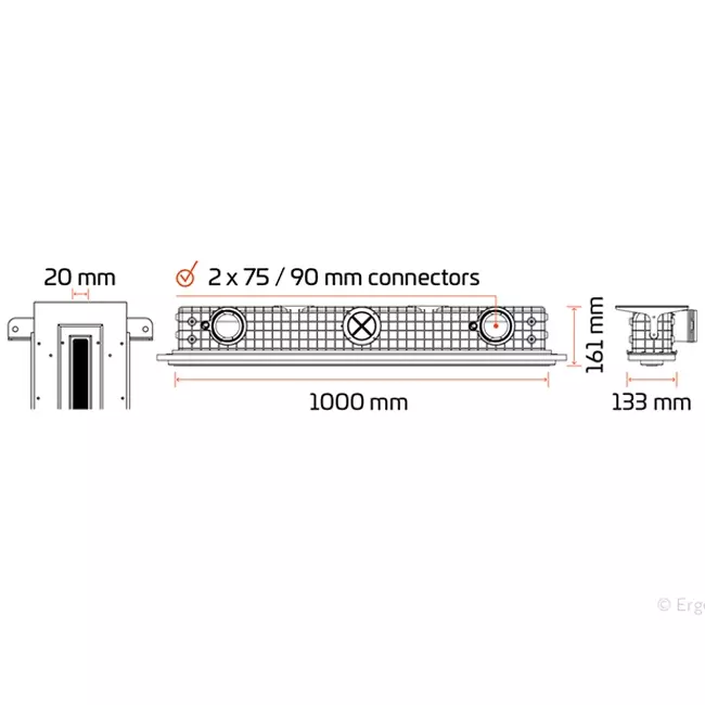 Ergovent ramlöst galler 1000 mm med anslutningsdiameter 90 mm - standard