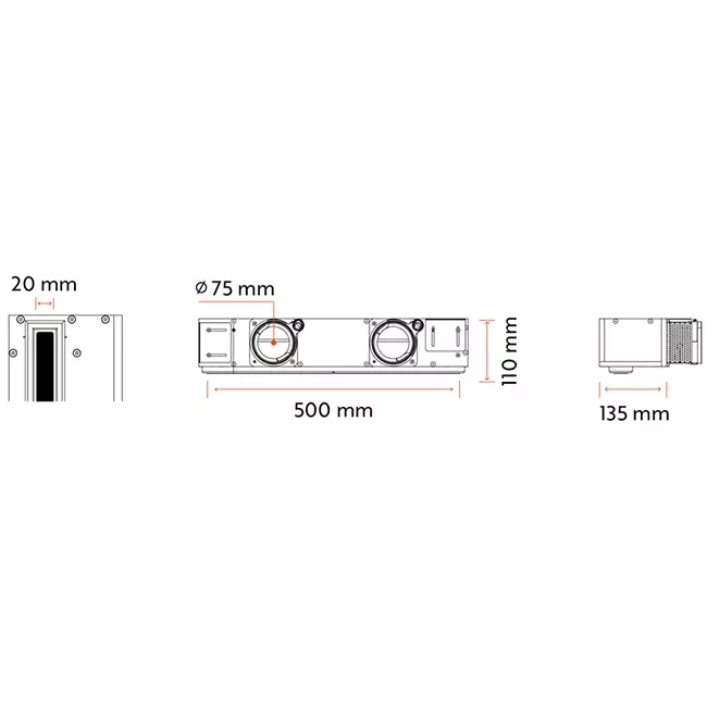 Ergovent ramlöst galler 500 mm med anslutningsdiameter 75 mm - standard